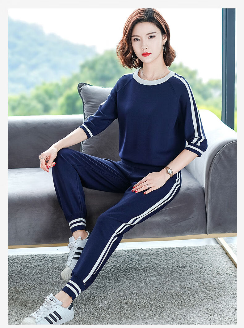 春夏女士半袖冰丝针织运动套装时尚洋气运动服宽松圆领休闲两件套玫