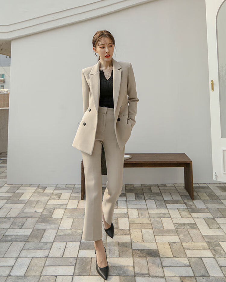西装套装女韩版气质收腰显瘦修身职业商务正装西服杏色有点像米色s