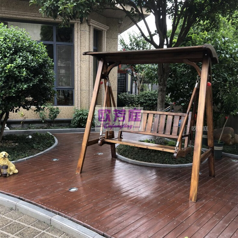 欧芳庭 户外家具 田园庭院碳化木双人秋千 实木秋千 户外秋千双人吊椅休闲吊篮室外摇椅 防腐木秋千椅 现代金麦黄【浅碳化色】