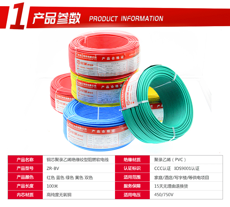 广州珠江电线电缆国标阻燃bv152546平方单塑单股纯铜家装线单皮硬线1