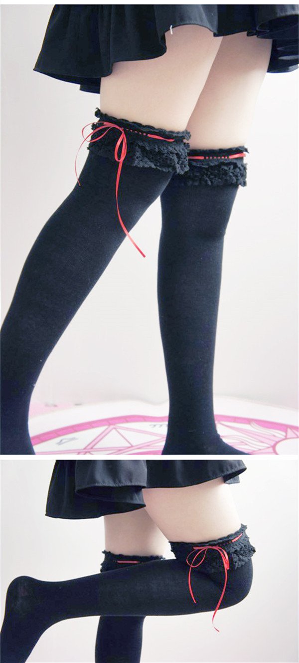 【好质量】日系cosplay过膝袜蕾丝绑带蝴蝶结大腿袜高