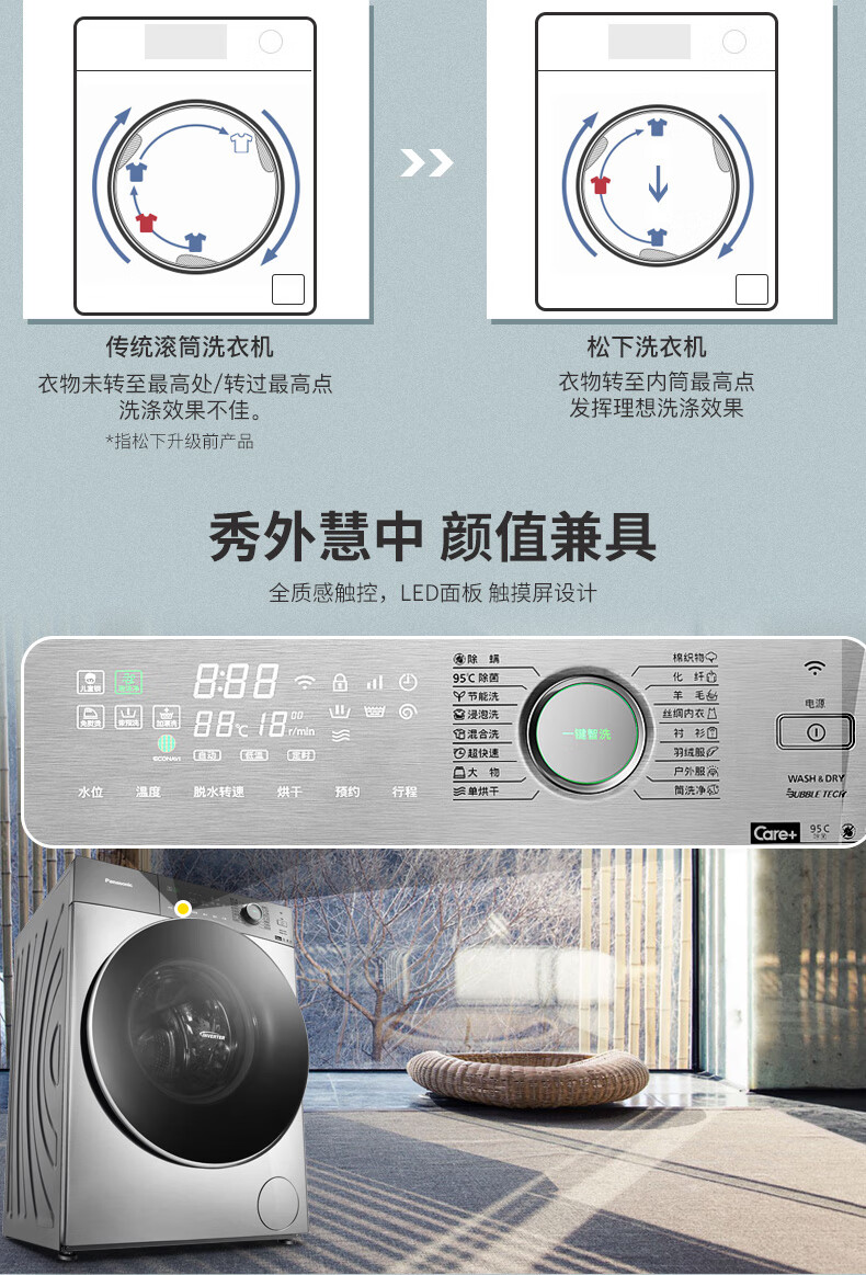 松下(panasonic)xqg100-sd135大容量除螨洗烘一体智能变频节能滚筒