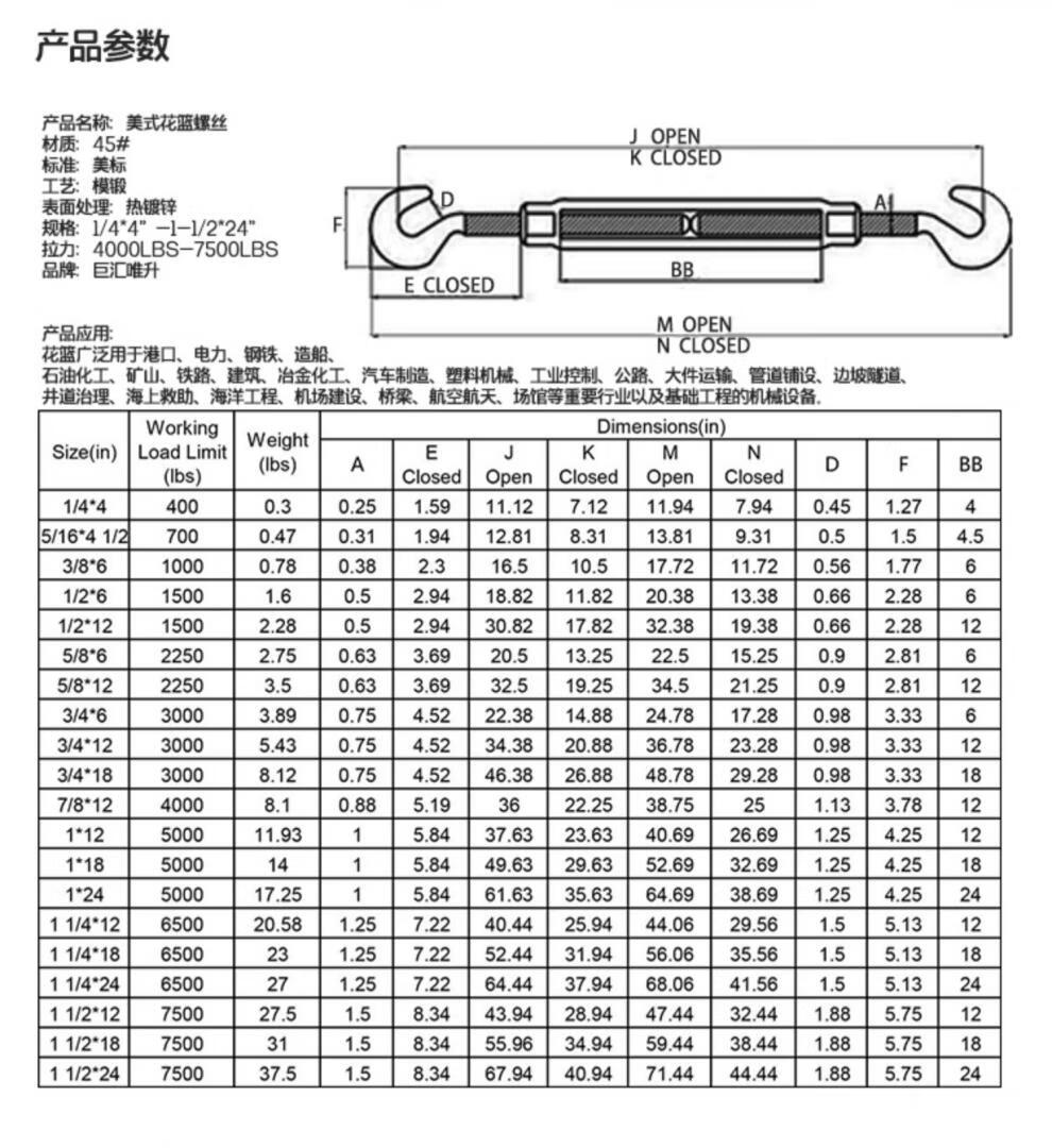 定制美标开体花蓝螺丝船用索具螺旋扣电力花兰螺栓oouucc型钢绳拉紧器