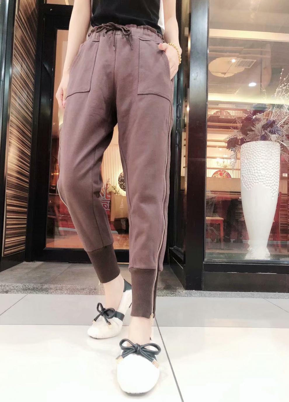 欧货加绒卫裤女2020年秋季冬新侧拉链腰小脚休闲卫裤哈伦裤女裤潮