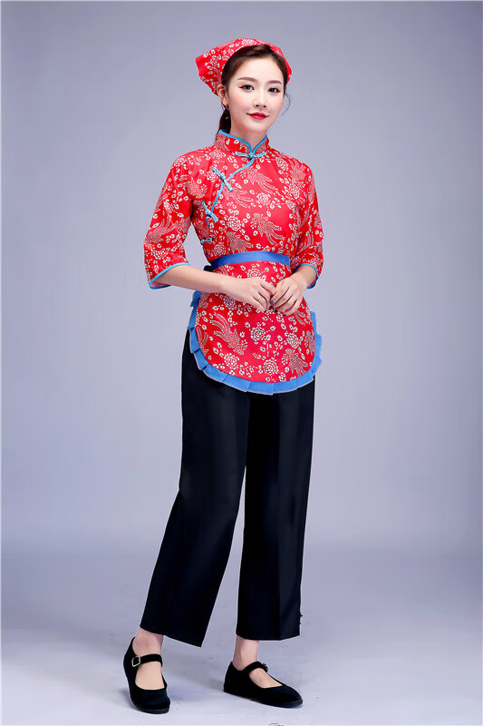 采茶衣服采茶舞服装阿庆嫂碎花女村姑民族舞蹈乡村风古装农村戏服表
