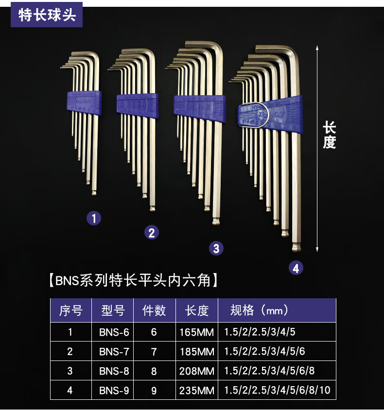 百利内六角扳手公制套装原装加长球头平头内六方机修磨具扳手改锥6789