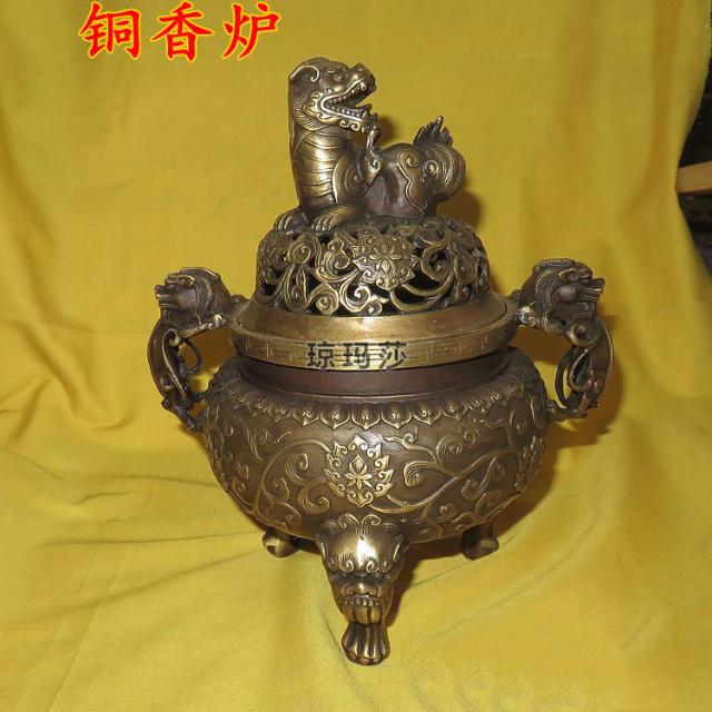 香炉 高級銅器 龍馬 精品 三足双龍馬摘蓋鬼面三足蝉型香炉 - お香