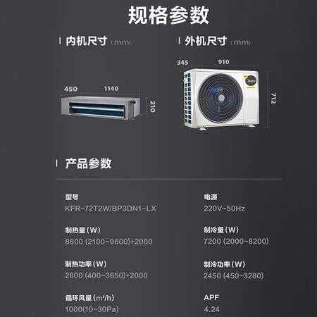 Midea central air-conditioning duct machine one for one, 3 horses for smart home appliances, full DC frequency conversion, one-level energy efficiency 3p embedded KFR-72T2W/BP3DN1-LX Midea central air-conditioning duct machine one for one, 3 horses for smart home appliances, full DC frequency conversion, one-level energy efficiency 3p embedded KFR-72T2W/BP3DN1-LX