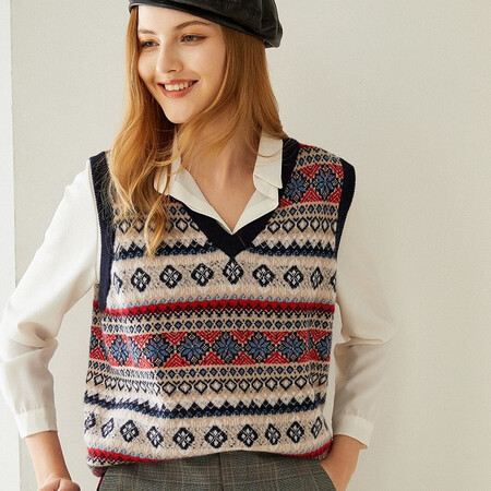 Pash V-neck cashmere waistcoat women's 100% cashmere sweater for fall/winter new style hedging retro jacquard vest JF-80 color One size Pash V-neck cashmere waistcoat women's 100% cashmere sweater for fall/winter new style hedging retro jacquard vest JF-80 color One size