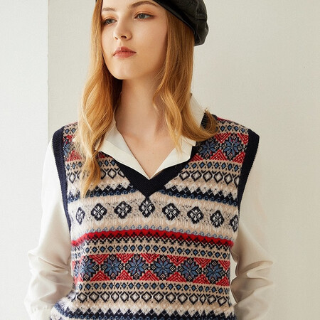 Pash V-neck cashmere waistcoat women's 100% cashmere sweater for fall/winter new style hedging retro jacquard vest JF-80 color One size Pash V-neck cashmere waistcoat women's 100% cashmere sweater for fall/winter new style hedging retro jacquard vest JF-80 color One size