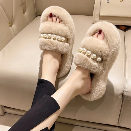 Fur slippers women's outer wear 2022 new Korean version of ins trendy shoes autumn and winter pearl thick bottom cotton slippers black. 37 Fur slippers women's outer wear 2022 new Korean version of ins trendy shoes autumn and winter pearl thick bottom cotton slippers black. 37