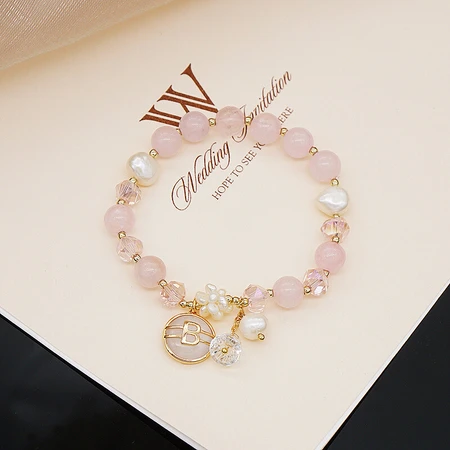 Tika Shiqi pink crystal amethyst bracelet crystal female freshwater pearl zircon 14K gold-packed adjustable elastic retro ins design sweet pink crystal bracelet JJ01450-21013 handmade products Tika Shiqi pink crystal amethyst bracelet crystal female freshwater pearl zircon 14K gold-packed adjustable elastic retro ins design sweet pink crystal bracelet JJ01450-21013 handmade products