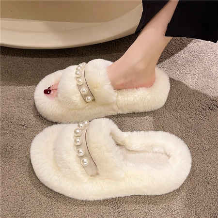 Fur slippers women's outer wear 2022 new Korean version of ins trendy shoes autumn and winter pearl thick bottom cotton slippers black. 37 Fur slippers women's outer wear 2022 new Korean version of ins trendy shoes autumn and winter pearl thick bottom cotton slippers black. 37