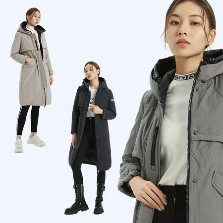 Jieao down jacket women's long windbreaker cotton sense winter coat coat hooded ladies down jacket 7981308 100#black 160/S Jieao down jacket women's long windbreaker cotton sense winter coat coat hooded ladies down jacket 7981308 100#black 160/S
