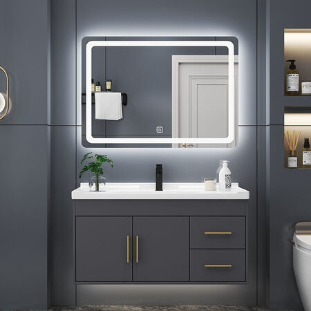 Yanfeng modern light luxury smart mirror ceramic integrated basin cabinet bathroom cabinet combination bathroom hotel wind vanity sink small apartment washbasin cabinet iron gray 0.9m ceramic basin + ordinary mirror cabinet with installation Yanfeng modern light luxury smart mirror ceramic integrated basin cabinet bathroom cabinet combination bathroom hotel wind vanity sink small apartment washbasin cabinet iron gray 0.9m ceramic basin + ordinary mirror cabinet with installation