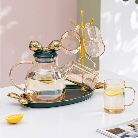 Xiderun Light Luxury Tea Cup Kettle Cup Set Household Family Glass Water Cup Living Room Coffee Table Drinking Cup Nordic Modern 1 Mickey Pot 4 Glasses + Cup Holder Tray Dark Green Xiderun Light Luxury Tea Cup Kettle Cup Set Household Family Glass Water Cup Living Room Coffee Table Drinking Cup Nordic Modern 1 Mickey Pot 4 Glasses + Cup Holder Tray Dark Green