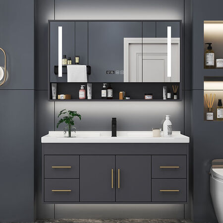 Yanfeng modern light luxury smart mirror ceramic integrated basin cabinet bathroom cabinet combination bathroom hotel wind vanity sink small apartment washbasin cabinet iron gray 0.9m ceramic basin + ordinary mirror cabinet with installation Yanfeng modern light luxury smart mirror ceramic integrated basin cabinet bathroom cabinet combination bathroom hotel wind vanity sink small apartment washbasin cabinet iron gray 0.9m ceramic basin + ordinary mirror cabinet with installation