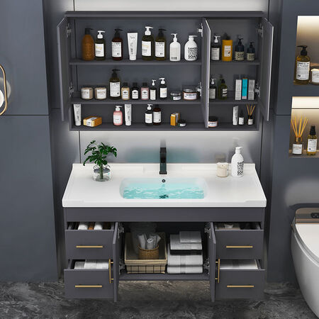 Yanfeng modern light luxury smart mirror ceramic integrated basin cabinet bathroom cabinet combination bathroom hotel wind vanity sink small apartment washbasin cabinet iron gray 0.9m ceramic basin + ordinary mirror cabinet with installation Yanfeng modern light luxury smart mirror ceramic integrated basin cabinet bathroom cabinet combination bathroom hotel wind vanity sink small apartment washbasin cabinet iron gray 0.9m ceramic basin + ordinary mirror cabinet with installation