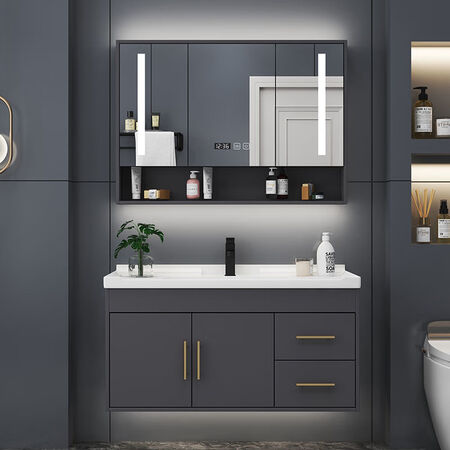 Yanfeng modern light luxury smart mirror ceramic integrated basin cabinet bathroom cabinet combination bathroom hotel wind vanity sink small apartment washbasin cabinet iron gray 0.9m ceramic basin + ordinary mirror cabinet with installation Yanfeng modern light luxury smart mirror ceramic integrated basin cabinet bathroom cabinet combination bathroom hotel wind vanity sink small apartment washbasin cabinet iron gray 0.9m ceramic basin + ordinary mirror cabinet with installation