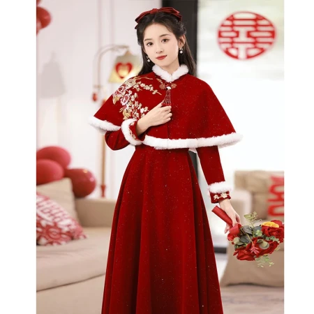 Saidler SAIDELE toast dress bride 2023 new red wedding long-sleeved winter thickened shawl velvet dress skirt women's winter wine red long style plus shoulder M recommended 96-105 catties Saidler SAIDELE toast dress bride 2023 new red wedding long-sleeved winter thickened shawl velvet dress skirt women's winter wine red long style plus shoulder M recommended 96-105 catties