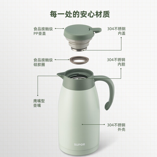 SUPOR termo de vacío para el hogar termo hervidor de gran capacidad botella de agua caliente 304 acero inoxidable 2.0L verde menta SUPOR termo de vacío para el hogar termo hervidor de gran capacidad botella de agua caliente 304 acero inoxidable 2.0L verde menta