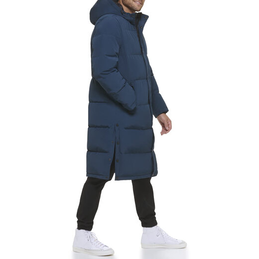 DKNY 男式北极布连帽超长派克大衣, 蓝色钢 蓝色钢 Medium DKNY 男式北极布连帽超长派克大衣, 蓝色钢 蓝色钢 Medium