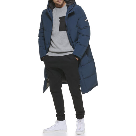 DKNY 男式北极布连帽超长派克大衣, 蓝色钢 蓝色钢 Medium DKNY 男式北极布连帽超长派克大衣, 蓝色钢 蓝色钢 Medium