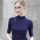 Sweater women's 2019 spring and autumn new half-high neck mid-sleeved sweater women European and American pullover five-point sleeve slim tight base shirt thin navy blue S Sweater women's 2019 spring and autumn new half-high neck mid-sleeved sweater women European and American pullover five-point sleeve slim tight base shirt thin navy blue S