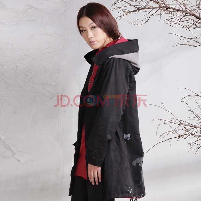 inman<em>茵曼女装</em>新全棉长款连帽风衣<em>外套</em>w3916
