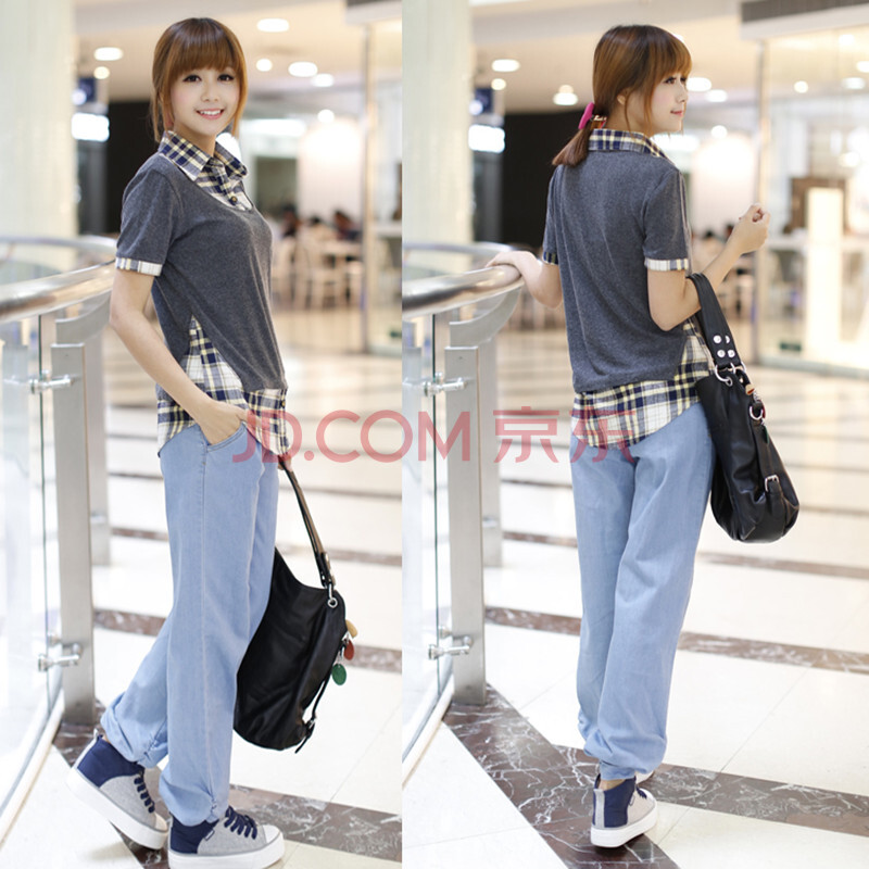 韩版夏装格子假两件套衬衫女短袖袖修身2013女士衬衣