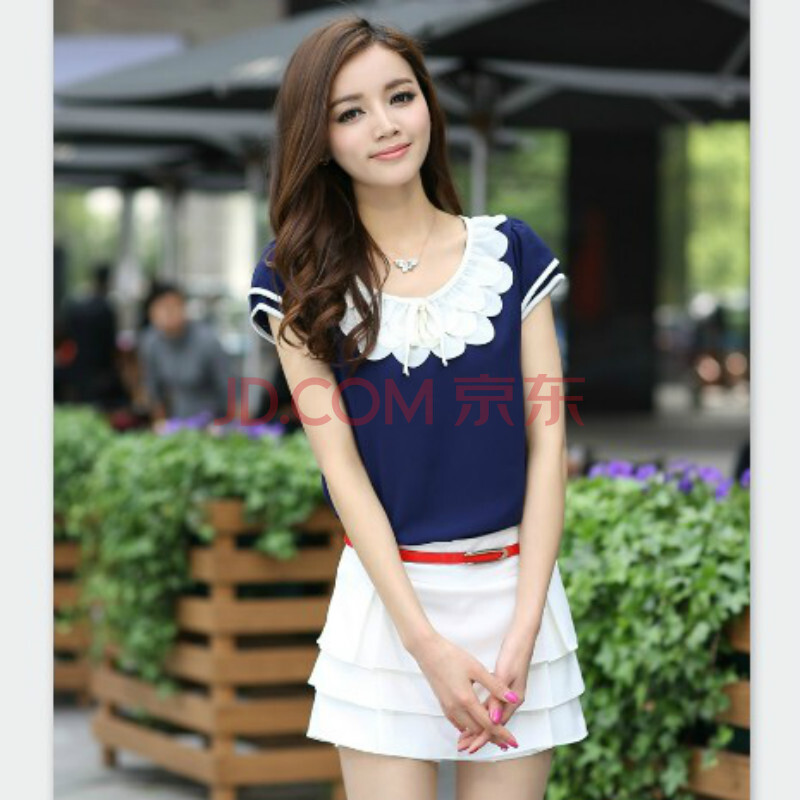 休闲雪纺短袖衫 短袖蕾丝雪纺衫