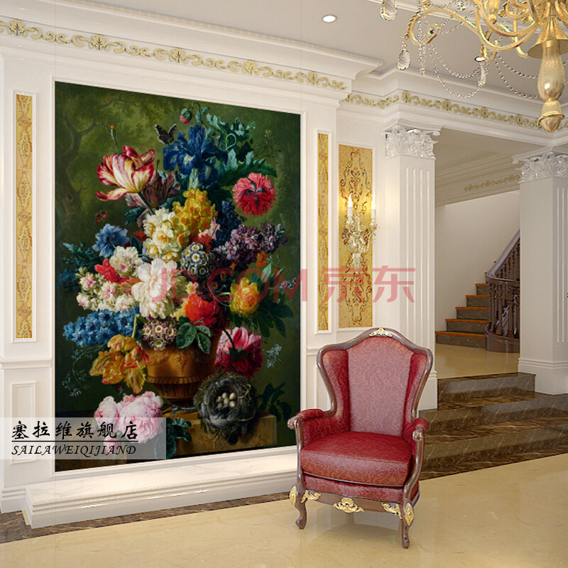 塞拉维欧式油画风格玫瑰花卉客厅玄关背景墙大型壁画壁纸墙纸定制
