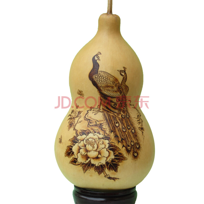 中国工艺美术大师葫芦张作品 孔雀牡丹图 葫芦烙画 (尺寸:20*38cm)
