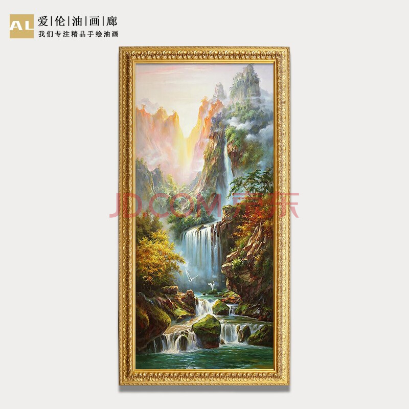 爱伦油画廊新中式山水瀑布聚宝盆风景白鹭纯手绘入户玄关油画欧式走廊