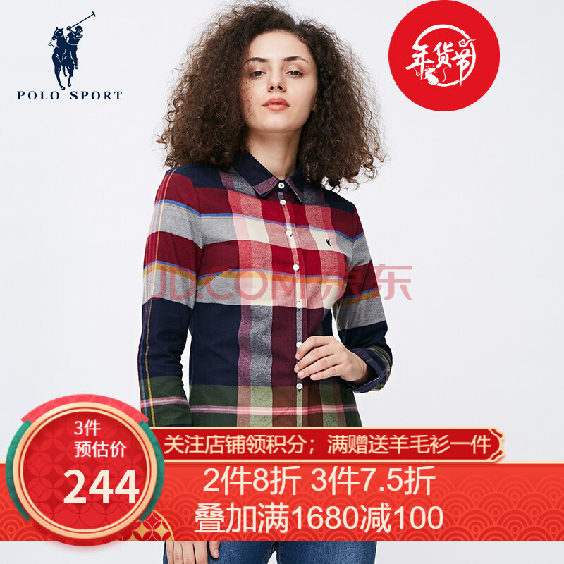 polo sport保罗女装2019秋冬新品女士衬衣韩版潮流经典翻领格子衫