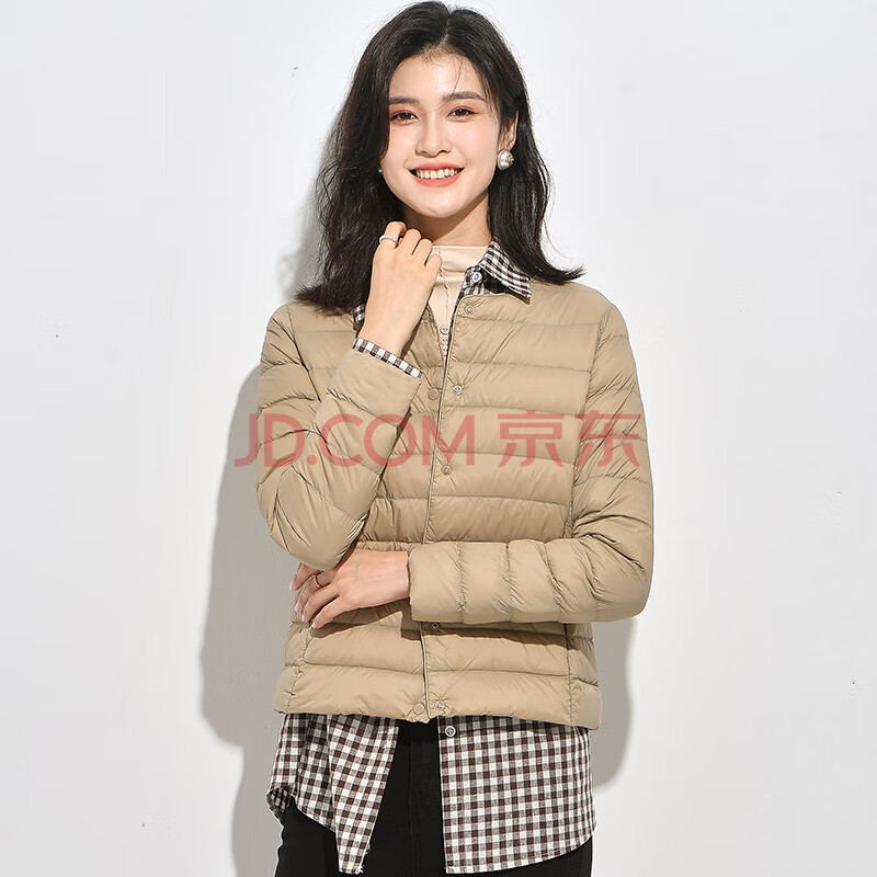 雅鹿2024新款轻薄羽绒服内胆女短款内搭无领轻便早春流行薄款女士外套 卡其 XL 推荐120-130斤