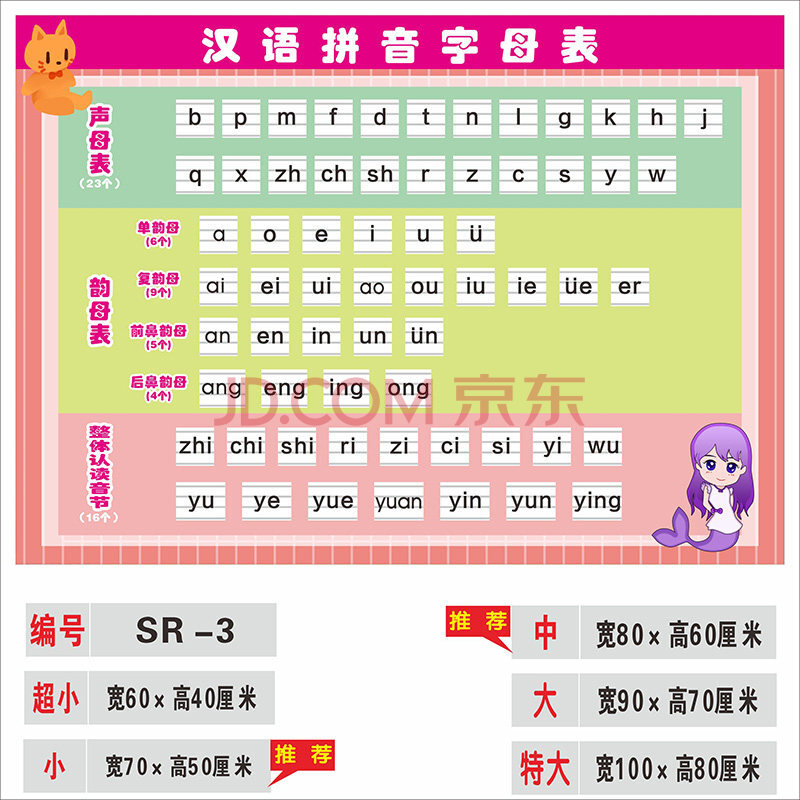 小学生汉语拼音字母表墙贴儿童一年级26个声母韵母表整体认读音节 sr