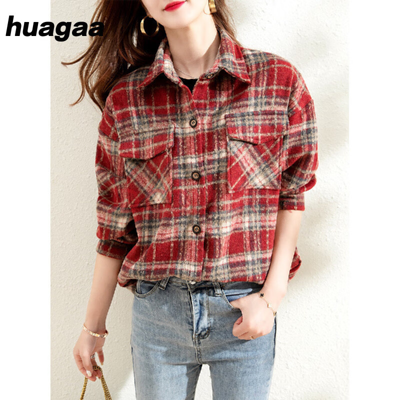 huagaa 夏季女装新款休闲格子衬衣单排扣双贴袋长袖衬衫上衣 红格