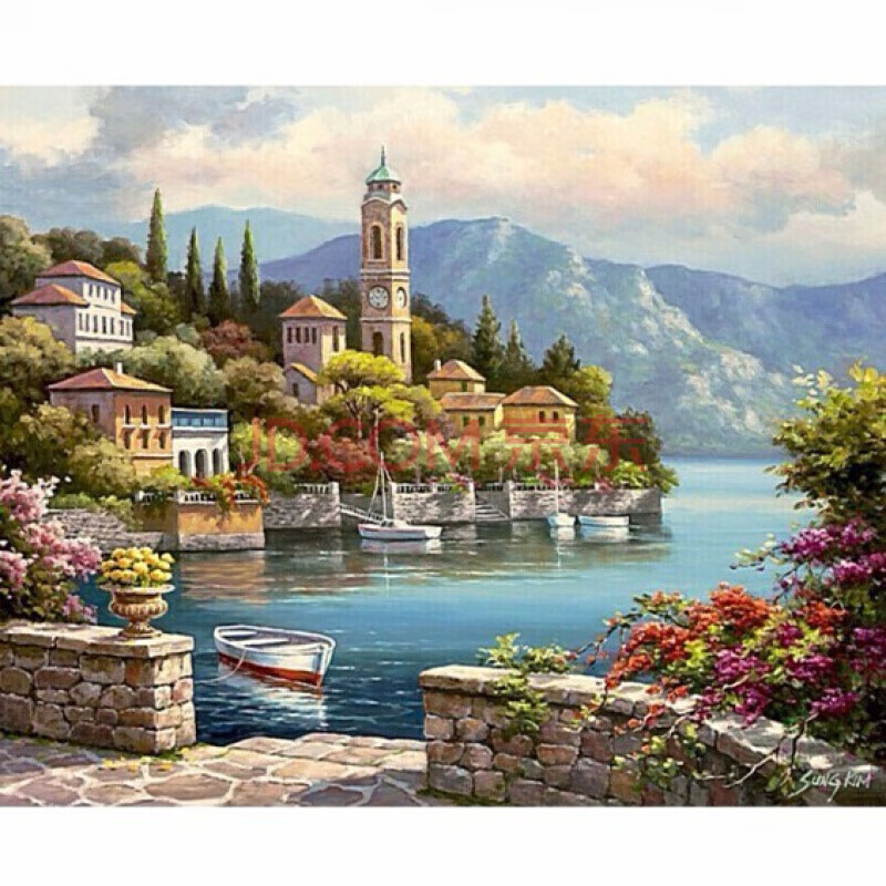 数字油画风景小镇海边客厅装饰画简约欧式外框 129 40