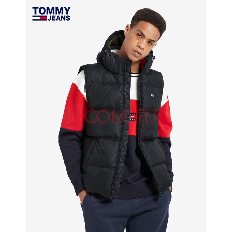 tommy jeans 男装秋冬纯色绣标抽绳连帽羽绒背心dm0dm
