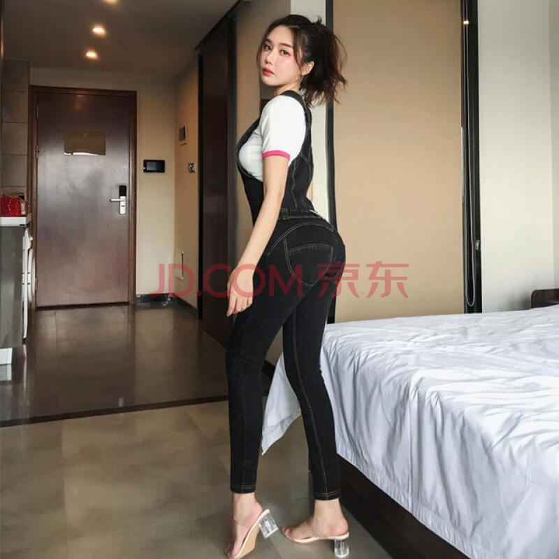蜜桃臀连体裤女性感牛仔背带裤蜜桃翘臀裤中腰修身显身材曲线 深灰色