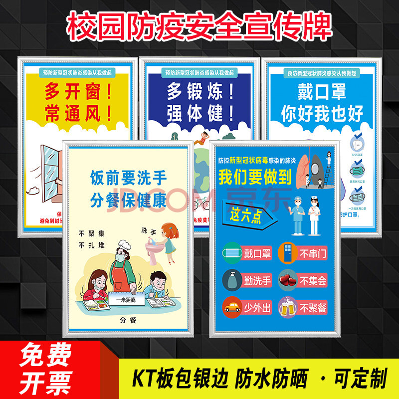 新冠小学生学校标识墙贴标语贴画班海报画黑板 校园防疫宣传海报(1套5