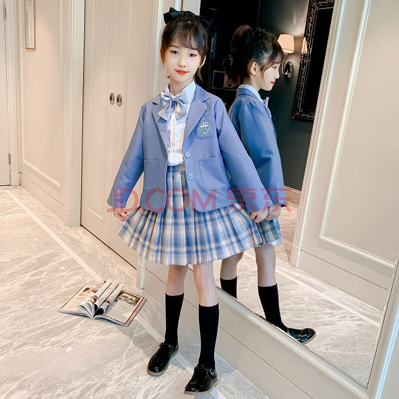 学院风套装2021新款日系儿童洋气女孩小西装校服三件套 三件套蓝色