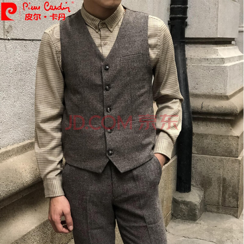 皮尔卡丹马甲背心男装复古男英伦修身人字纹商务休闲坎肩男士西装小马