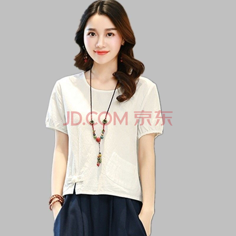 2021夏新款棉麻短款t恤女文艺短袖宽松衬衫亚麻料上衣洋气小衫女 白色