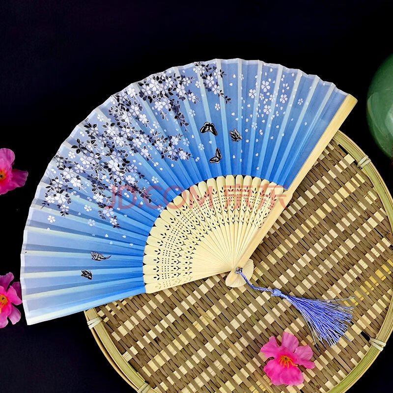 霸气中国风折扇古装汉服扇子古风折扇男女仙气网红 57-樱花漫天-蓝色