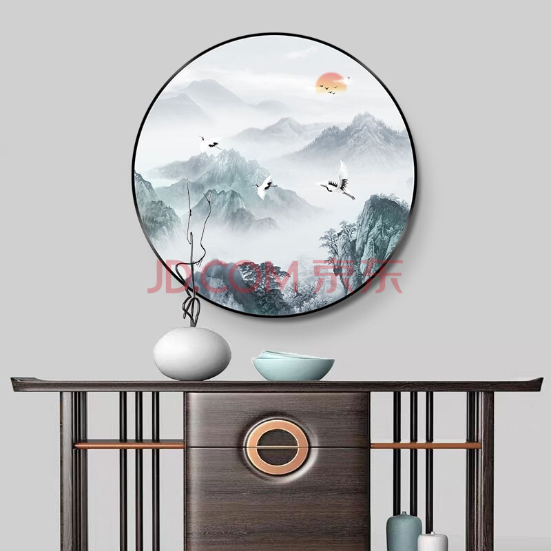 轩色 手绘新中式圆形油画玄关装饰画背景墙山水画带灯led走廊过道挂画