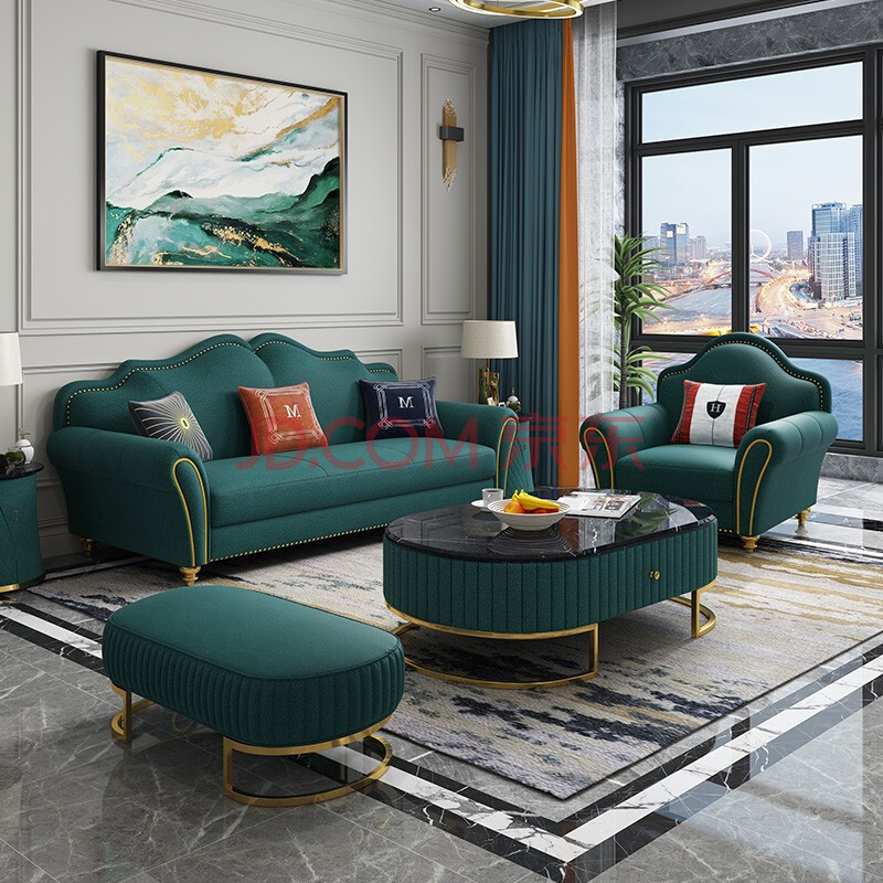 布艺沙发三人位大小户型客厅组合家具纳米布沙发样板间整装 孔雀绿