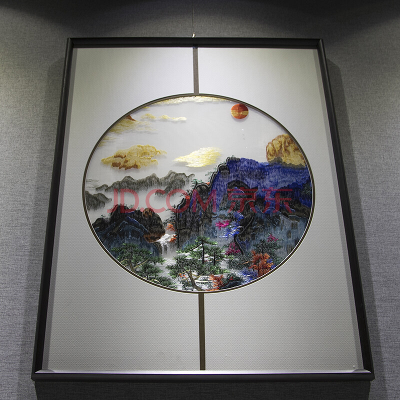 逸福瑞 苏绣沙发背景山水画祥云聚财国画山水画手工刺绣三连画中式