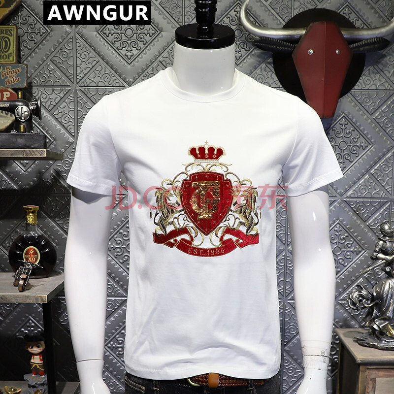 awngur 欧洲站男装2021夏季新款潮牌皇冠狮子刺绣短袖
